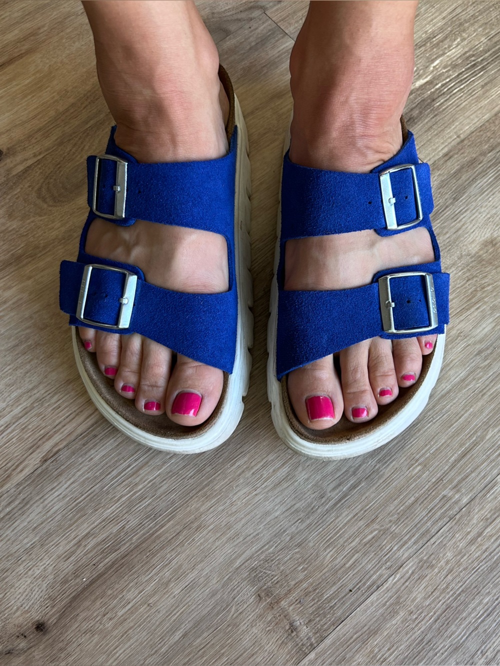 Birkenstock’s Papillo Arizona Platform Slide Sandal in blue, size 40